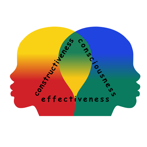 Logo of two brightly coloured heads interlinked. Constructiveness, consciousness, effectiveness.